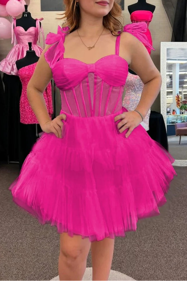 Fuchsia Tiered Tulle Ruffles A Line Sweetheart Short Homecoming Dresses With Bow Straps