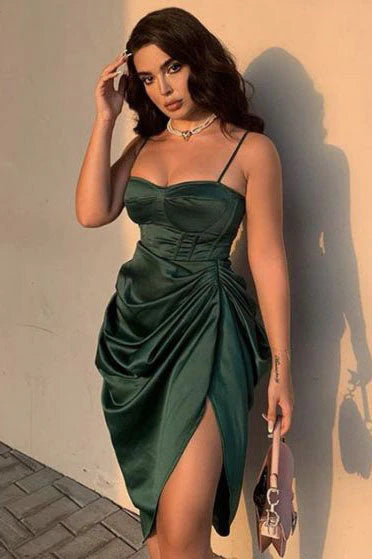 Sexy Dark Green Spaghetti Straps Sheath Short Prom Dresses