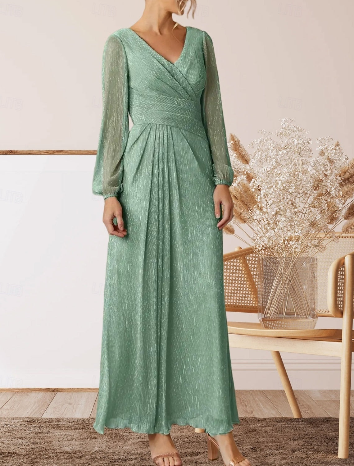 A-Line Mother of the Bride Dress Wedding Guest Elegant V Neck Floor Length Chiffon Long Sleeve with Pleats Ruching 2025