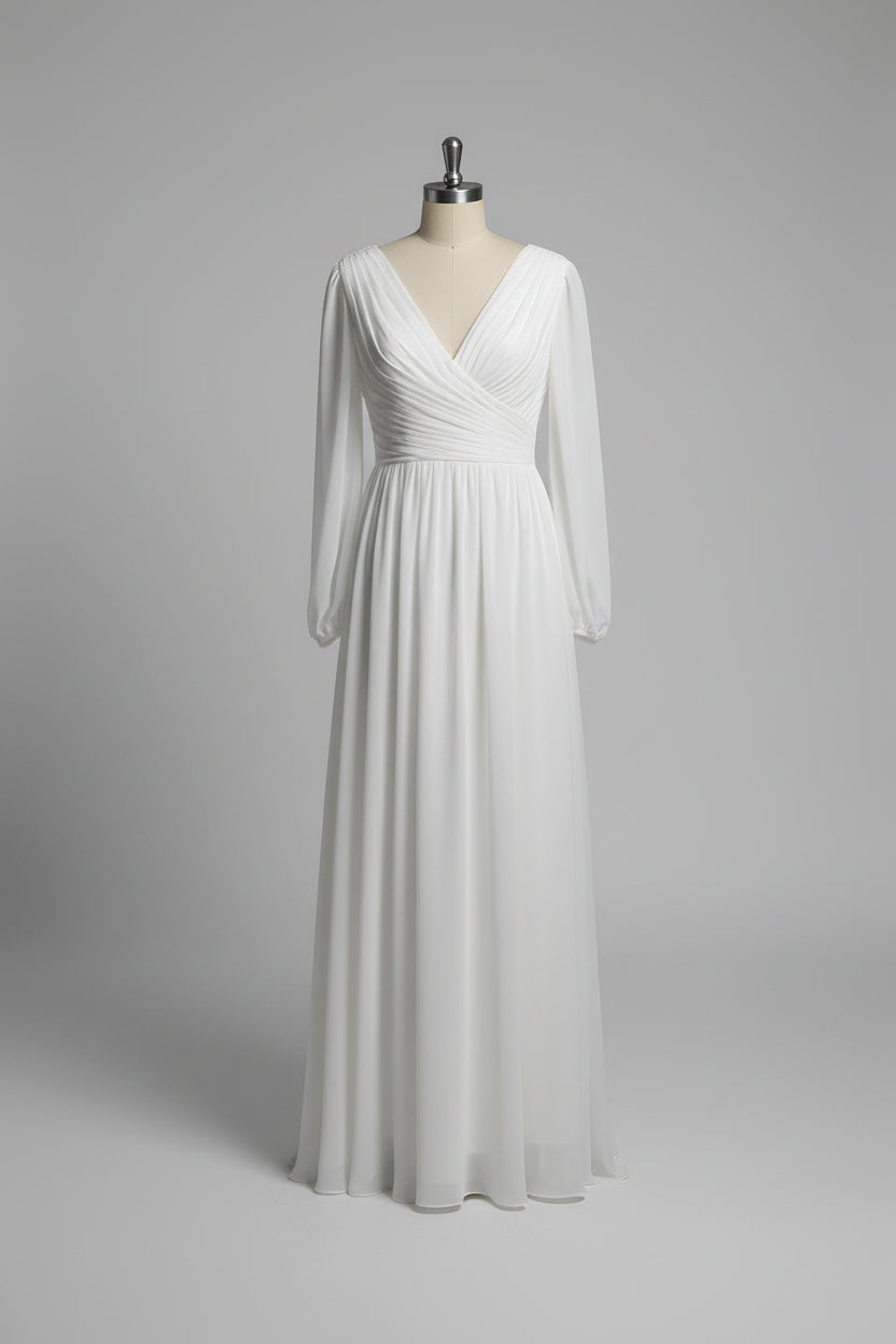 Modest V Neck A-Line Retract Your Waist Chiffon Vintage Long Evening Party Dresses
