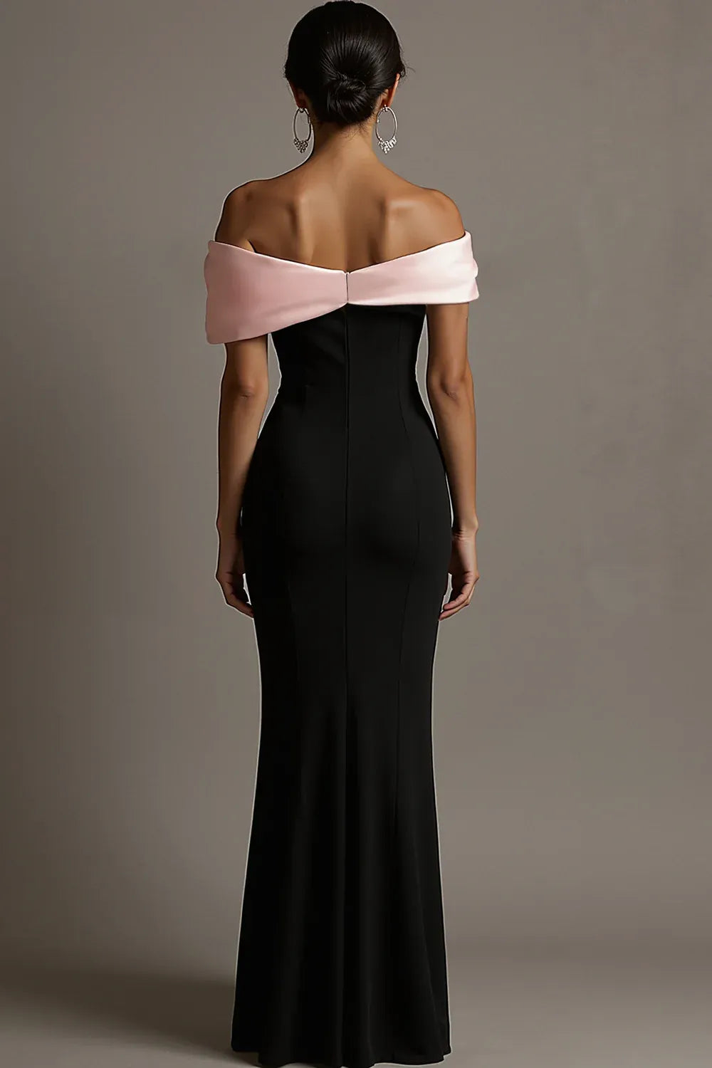 Chic Black and Pink Satin Ruffled Off the Shoulder Sheath Long Evening Dress Party Dress