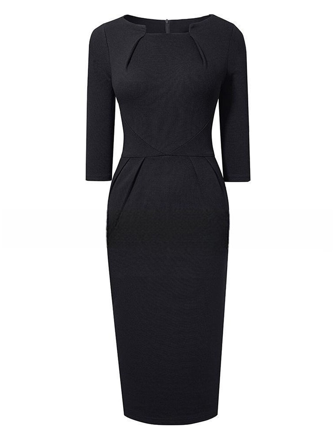 Work Dress Cotton Ruched Crew Neck 3/4 Length Sleeve Midi Dress Winter Dress