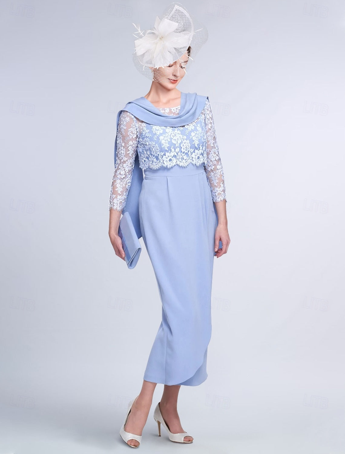 Two Piece Sheath Mother of the Bride Dress Elegant Jewel Neck Tea Length Lace Stretch Fabric 3/4 Length Sleeve Wrap Included Jacket Dresses with Lace Color Block 2025 free custom size