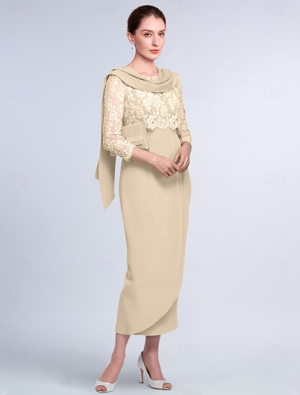 Two Piece Sheath Mother of the Bride Dress Elegant Jewel Neck Tea Length Lace Stretch Fabric 3/4 Length Sleeve Wrap Included Jacket Dresses with Lace Color Block 2025 free custom size
