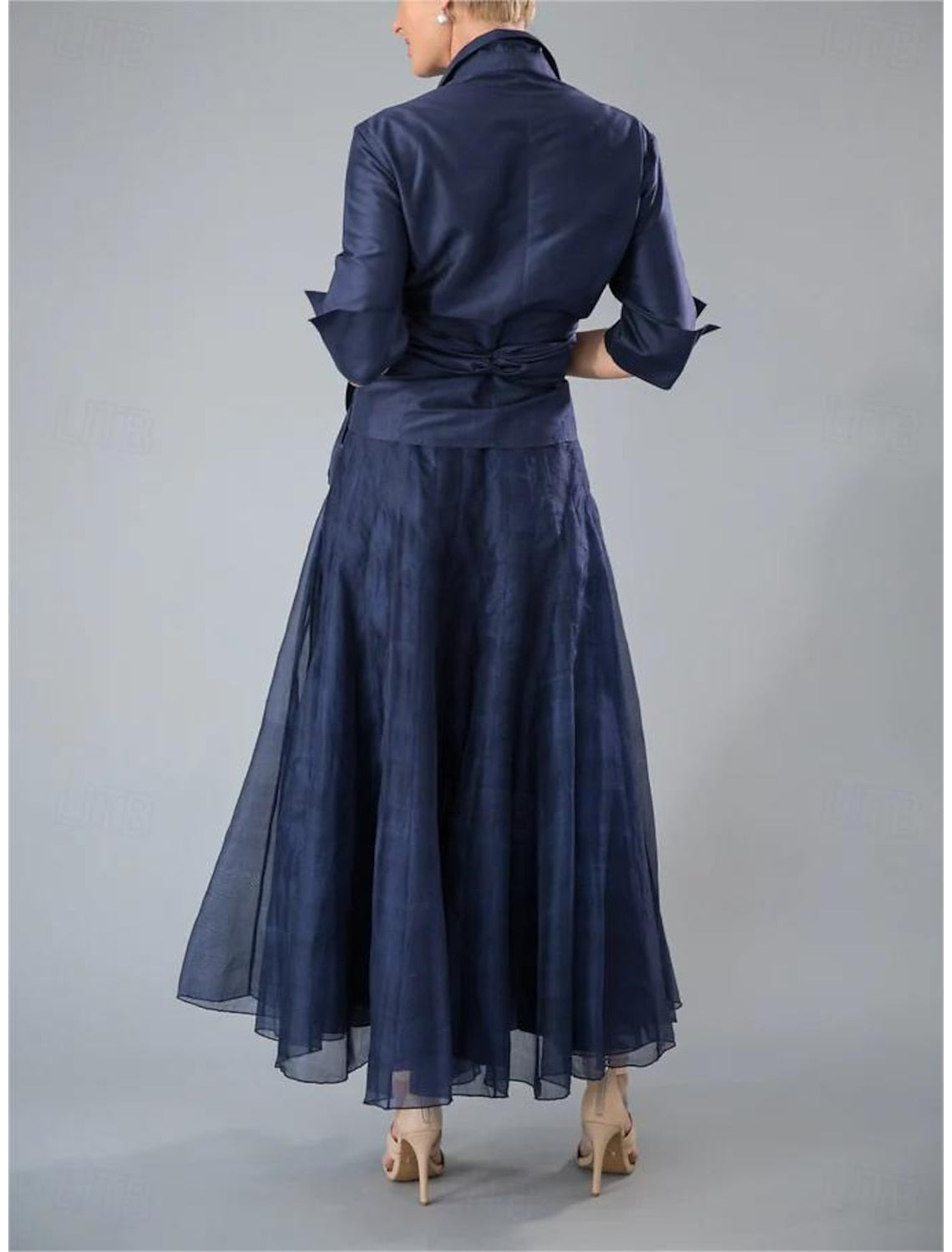 Two Piece A-Line Mother of the Bride Dress Formal Wedding Guest Elegant Shirt Collar Ankle Length Organza Italy Satin Half Sleeve with Bow(s) Ruching Bandage 2025 free custom size