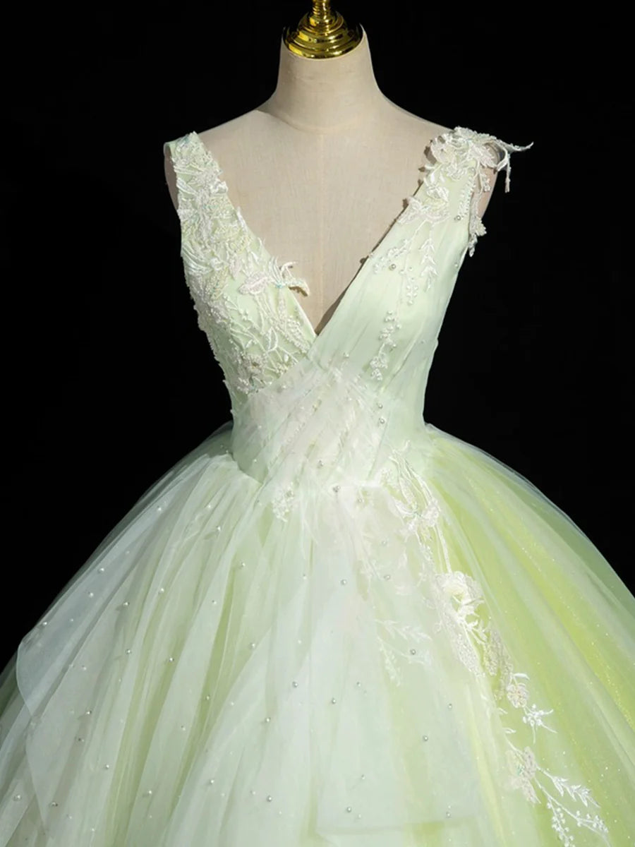 Pretty A-Line V-Neck Sleeveless Beaded Tulle Floral Lace Green Long Prom Dress