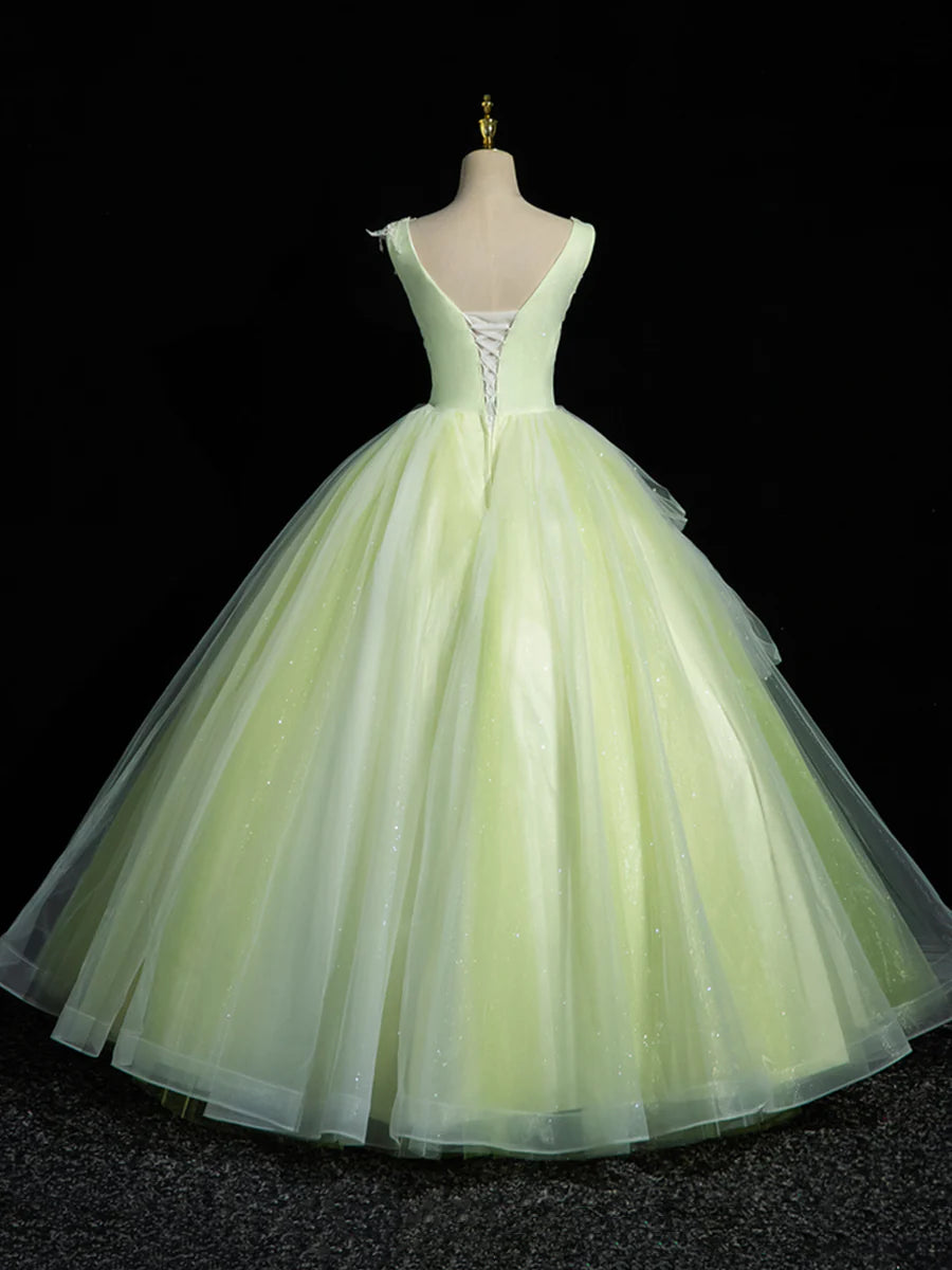 Pretty A-Line V-Neck Sleeveless Beaded Tulle Floral Lace Green Long Prom Dress