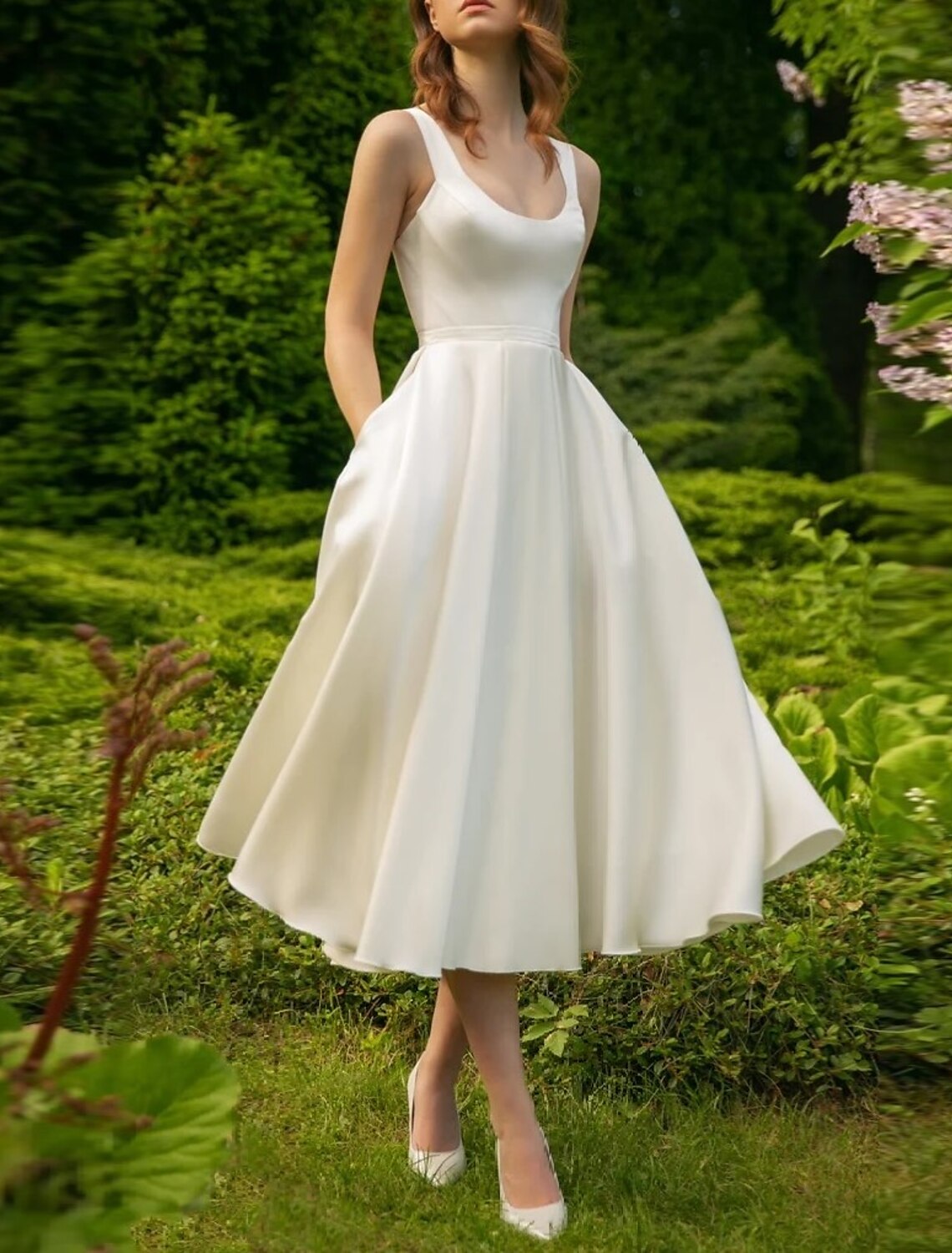 Hall Little A-Line Scoop Neck White Dress Bridal Shower Dresses Wedding Dresses Sleeveless Tea Length Satin Bridal Gowns