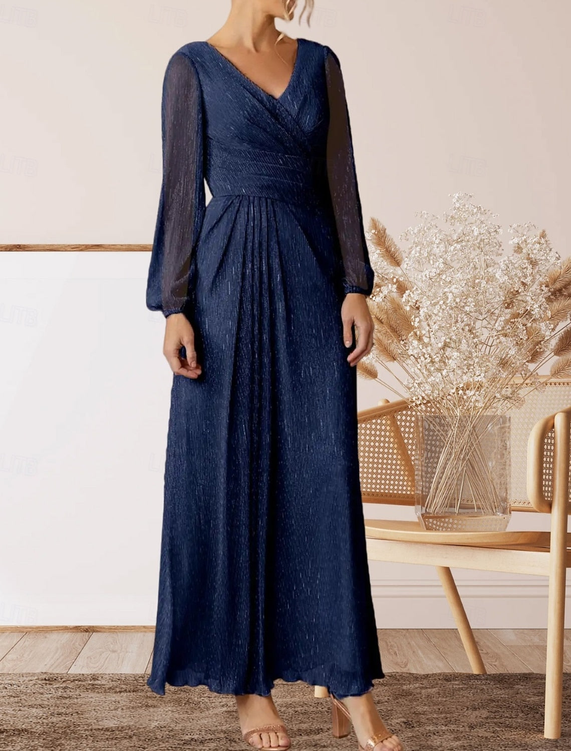A-Line Mother of the Bride Dress Wedding Guest Elegant V Neck Floor Length Chiffon Long Sleeve with Pleats Ruching 2025