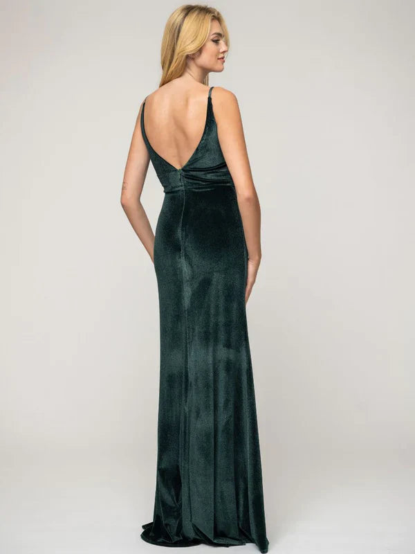 Long Velvet Sheath Bridesmaid Dresses With V Back