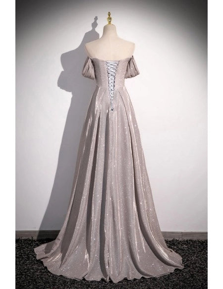 Tie-up Shiny Silver Simple Long Pleats Prom Dress with Off Shoulder Straps
