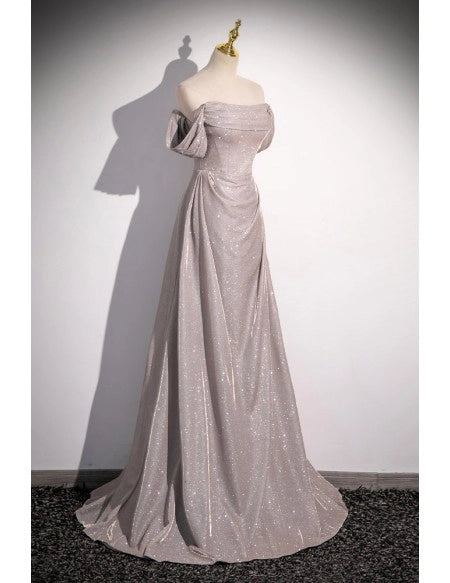 Tie-up Shiny Silver Simple Long Pleats Prom Dress with Off Shoulder Straps