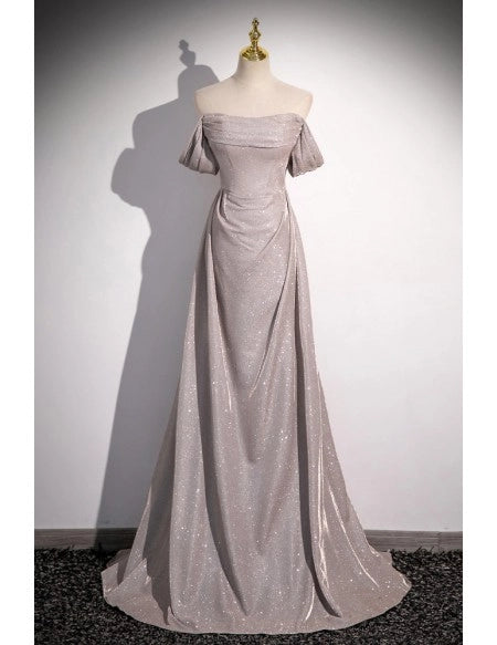 Tie-up Shiny Silver Simple Long Pleats Prom Dress with Off Shoulder Straps