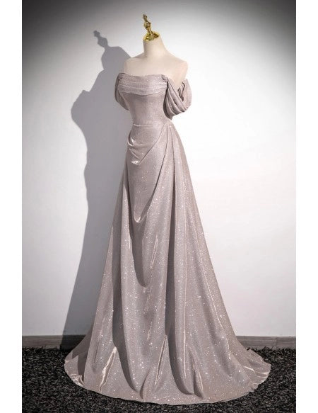 Tie-up Shiny Silver Simple Long Pleats Prom Dress with Off Shoulder Straps
