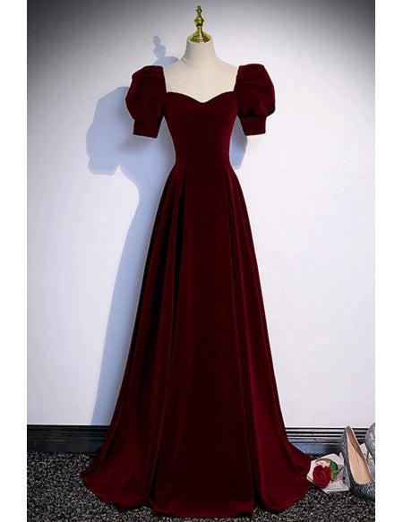 Simple Burgundy Floor Length Long Velvet Prom Dress with Short Sleeves