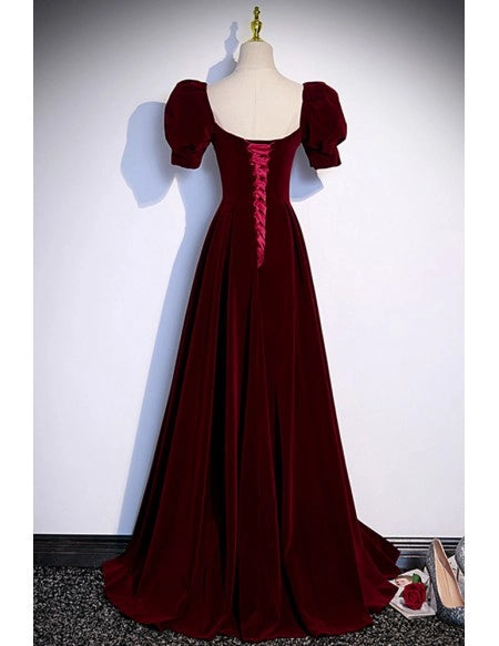 Simple Burgundy Floor Length Long Velvet Prom Dress with Short Sleeves