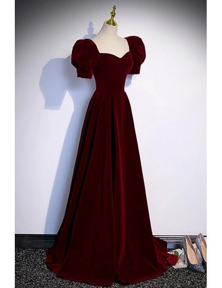 Simple Burgundy Floor Length Long Velvet Prom Dress with Short Sleeves