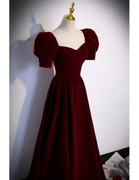Simple Burgundy Floor Length Long Velvet Prom Dress with Short Sleeves
