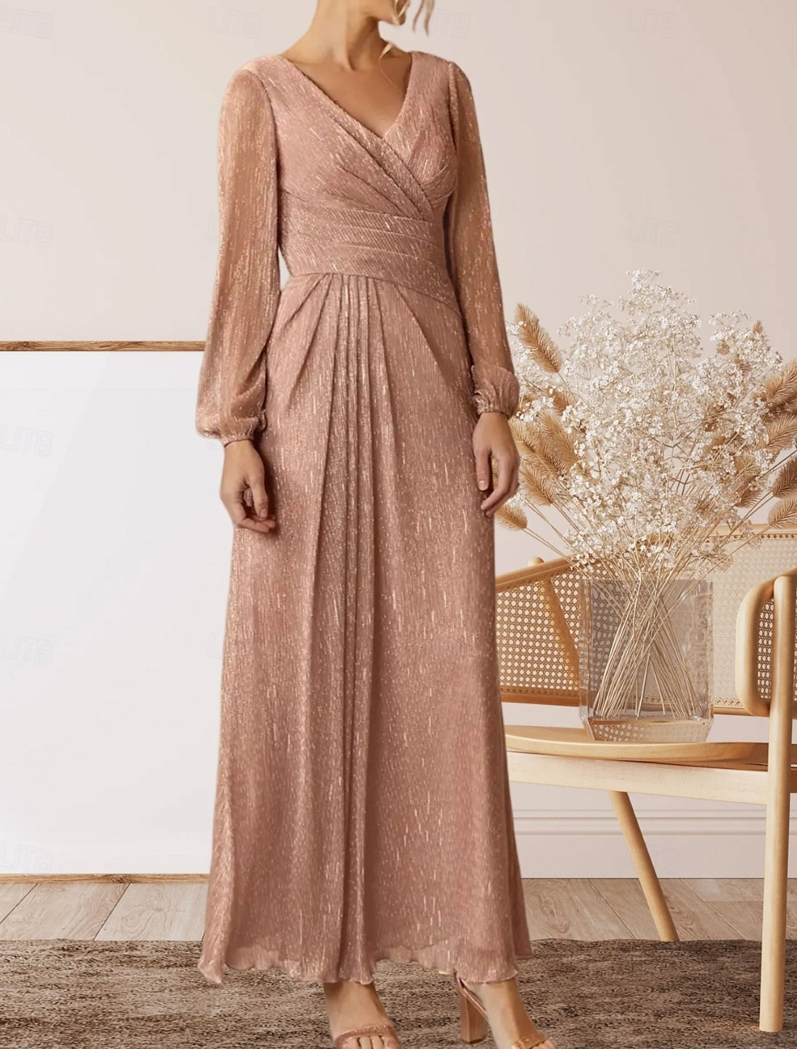 A-Line Mother of the Bride Dress Wedding Guest Elegant V Neck Floor Length Chiffon Long Sleeve with Pleats Ruching 2025