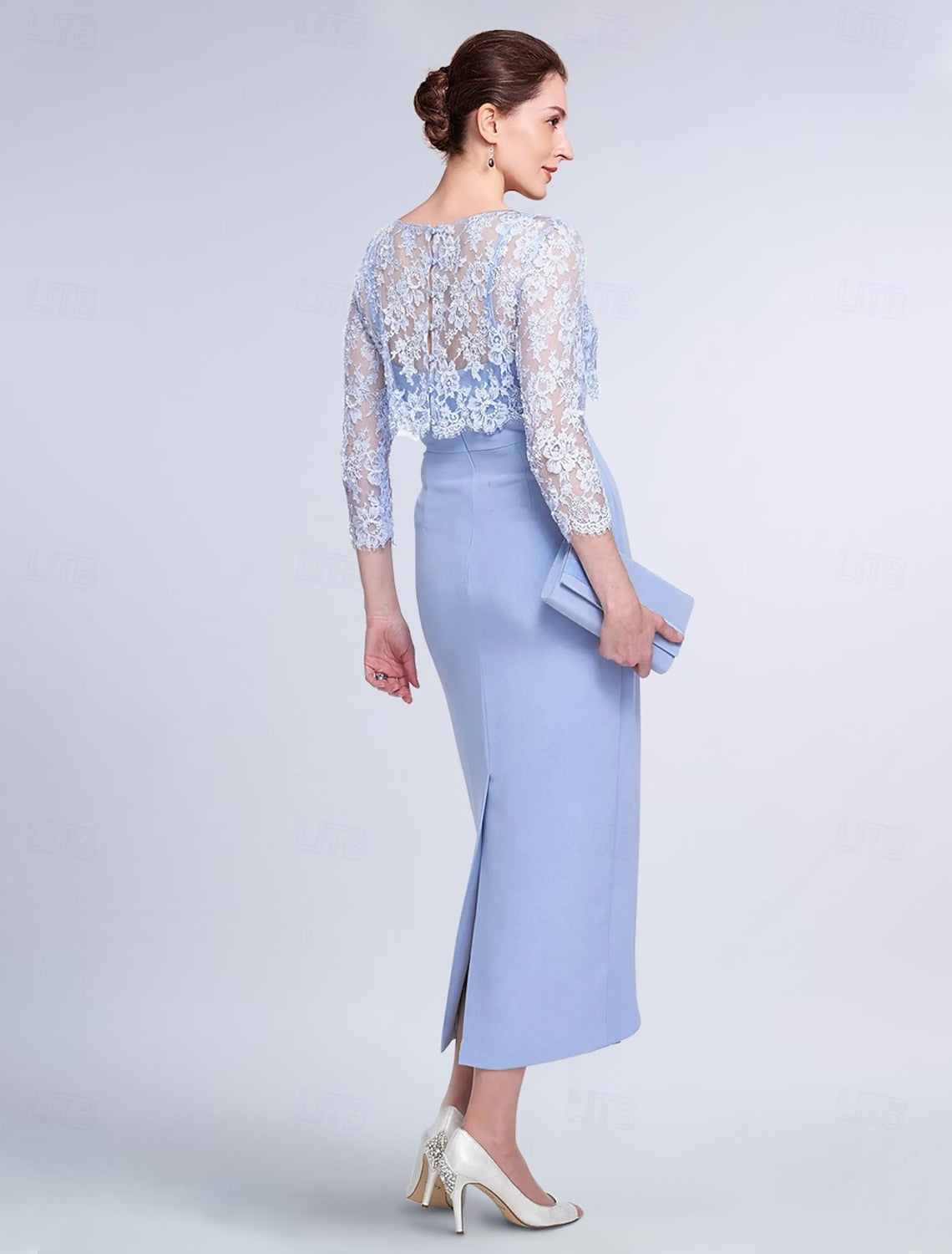 Two Piece Sheath Mother of the Bride Dress Elegant Jewel Neck Tea Length Lace Stretch Fabric 3/4 Length Sleeve Wrap Included Jacket Dresses with Lace Color Block 2025 free custom size