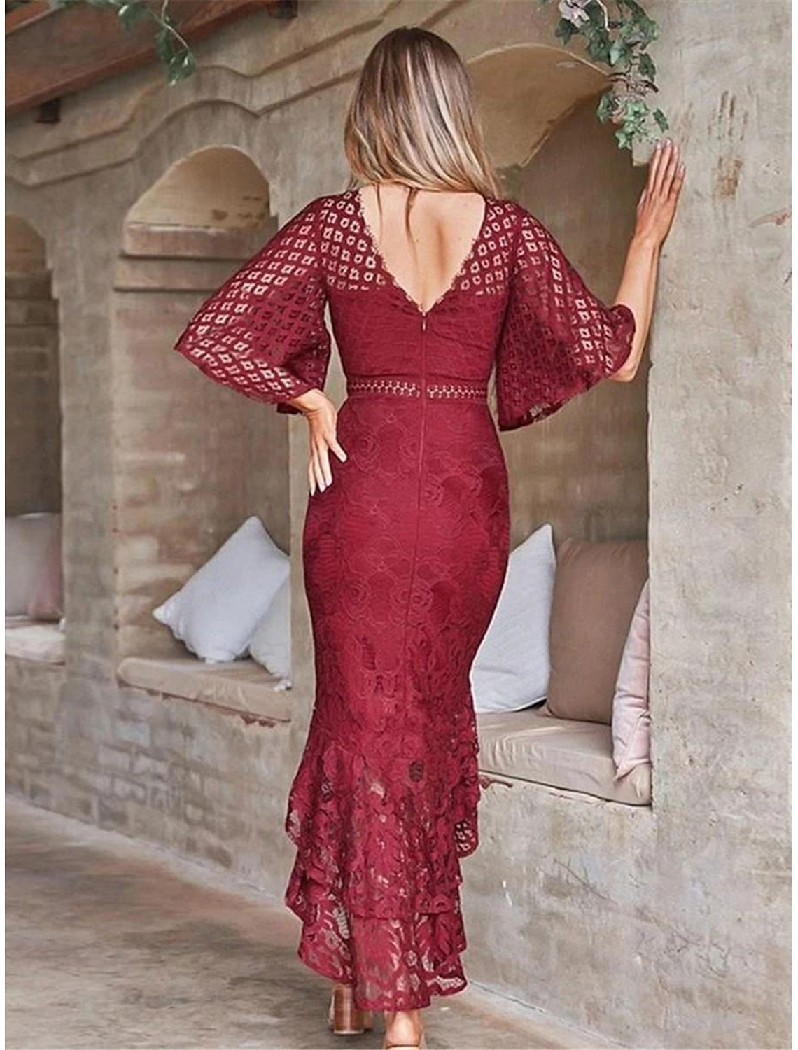 Women's White Dress Midi Dress Lace Ruffle Asymmetrical Wedding Party Date Elegant Sexy Crew Neck Half Sleeve