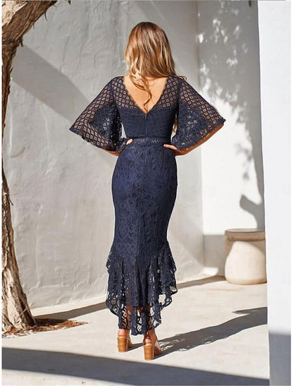 Women's White Dress Midi Dress Lace Ruffle Asymmetrical Wedding Party Date Elegant Sexy Crew Neck Half Sleeve