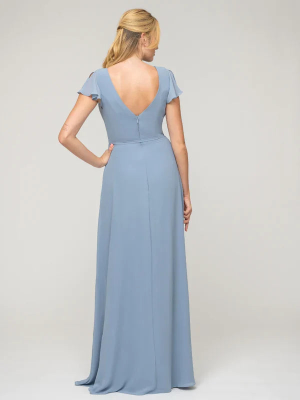 Ruffle Sleeve V Neck Slit Bridesmaid Dresses For Wedding