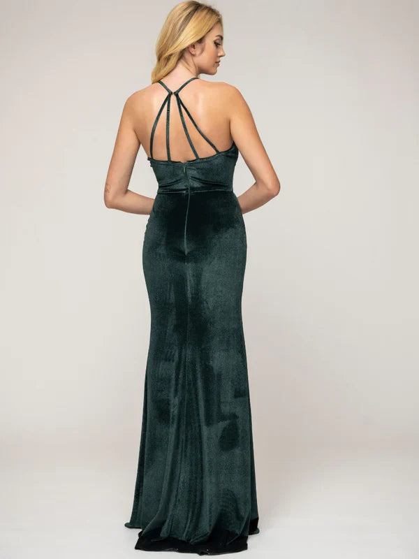 Halter Neckline Sheath Long Velvet Dresses